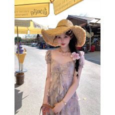 超仙气质晕染碎花连衣裙女夏季海边度假风不规则高级感沙滩裙长裙