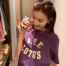 香菜不加辣美式紫色原创印花短袖t恤女夏季休闲宽松上衣