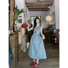 批发度假风格子飞飞袖背心<b class='q'>连衣裙</b>女夏季新款甜美收腰气质高级感长裙子