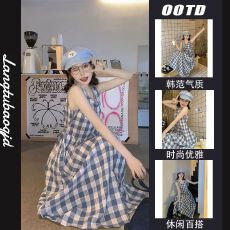 批发复古格子无袖<b class='q'>连衣裙</b>2025蓝色夏季新款背心休闲显瘦慵懒长裙