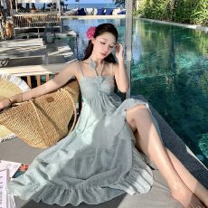 批发法式超仙长裙女浅青色夏季<b class='q'>仙女</b>吊带立体花朵<b class='q'>连衣裙</b>新款法式吊带裙