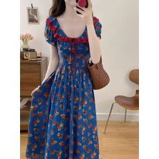 批发法式蓝色碎花连衣裙子女装夏季2025新款爆款海边度假气质绝美长裙