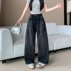 批发实拍~黑色烫钻阔腿牛仔裤<b class='q'>女</b>高腰休闲春季新款宽松直筒拖地裤