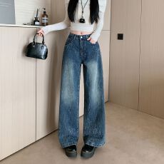 批发流星雨重工烫钻阔腿牛仔裤女春季新款<b class='q'>高腰</b>显瘦牛仔<b class='q'>长裤</b>