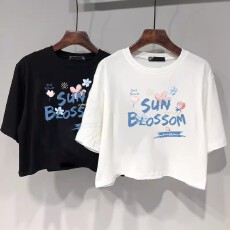 批发印花高腰正肩短袖t恤女夏季露脐宽松短款上衣设计感小众