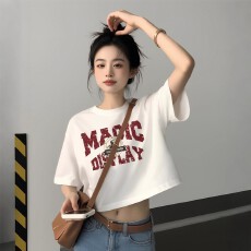 批发印花高腰正肩短袖t恤女夏季露脐宽松短款上衣设计感小众