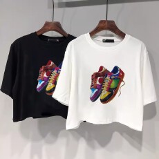 批发印花高腰正肩短袖t恤女夏季露脐宽松短款上衣设计感小众