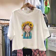 批发印花高腰正肩短袖t恤女夏季露脐宽松短款上衣设计感小众