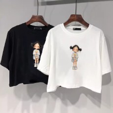 批发印花高腰正肩短袖t恤女夏季露脐宽松短款上衣设计感小众