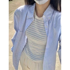 批发35棉蓝色条纹休闲<b class='q'>衬衫</b>女2025春季新款小众<b class='q'>长袖</b>厚款<b class='q'>衬衣</b>外套