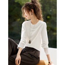 白色圆领纯棉蕾丝拼接长袖设计感T恤女外穿内搭百搭温柔风上衣