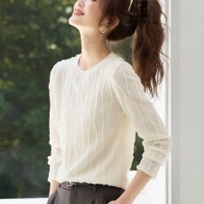 批发休闲温柔风肌理感菱格圆领长袖T恤女设计感法式洋气百搭小衫上衣