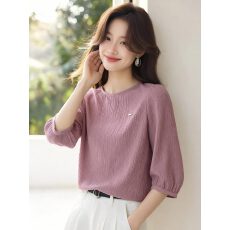 批发肌理感圆领七分袖泡泡袖衬衫女2026春夏新款气质百搭时尚减龄上衣