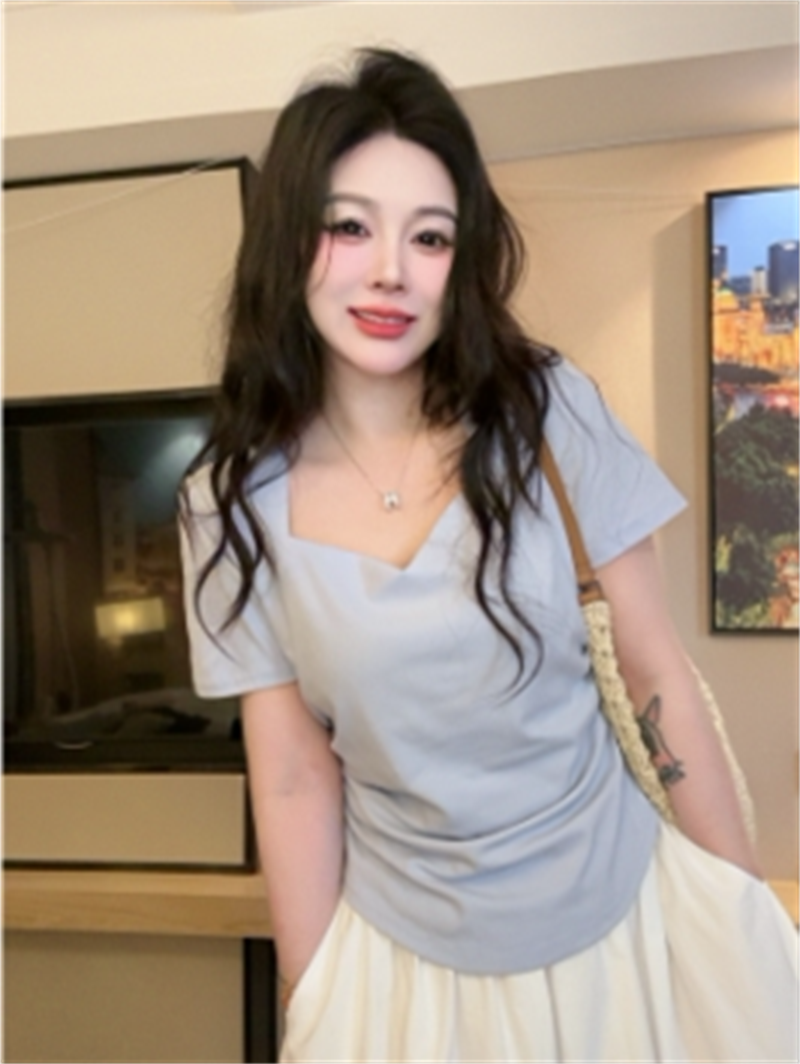 RY3362# 大码正肩短袖T恤女新款夏季设计感上衣胖MM遮肉显瘦粉色体恤