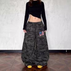 批发原版水印迷彩立体包边 迷彩阔腿<b class='q'>长裤</b><b class='q'>女</b>高街<b class='q'>休闲裤</b>爵士街舞运动裤