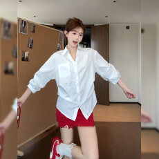 批发官图实价冰氧棉翻领短款不规则防晒衬衫上衣新款秋小衫衫衣女装