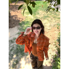 官图实价韩系chic别致复古格纹翻领衬衫宽松慵懒风绝美单穿上衣