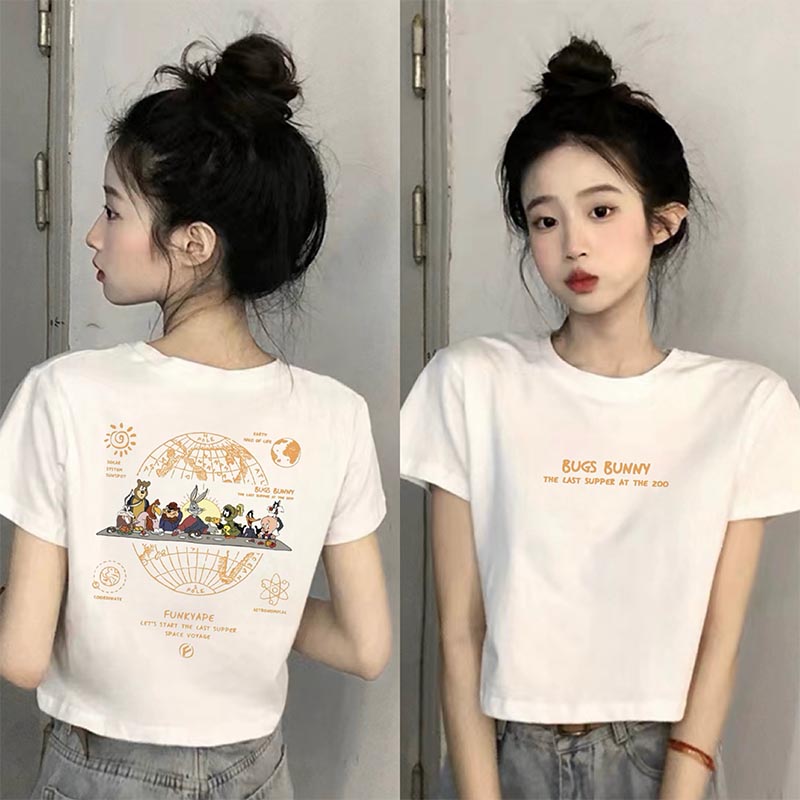 RY3366# 印花高腰正肩短袖t恤女夏季露脐宽松短款上衣设计感小众