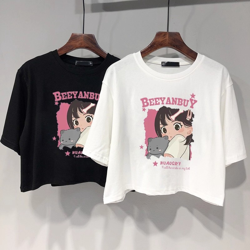 RY3367# 印花高腰正肩短袖t恤女夏季露脐宽松短款上衣设计感小众