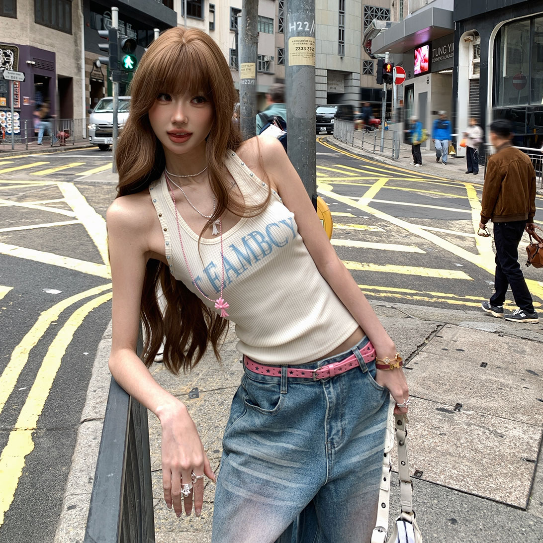 RY3368# 彩棉撞色简约字母印花吊带背心女性感纯欲风U领夏季辣妹无袖上衣