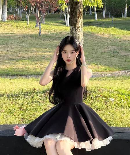 프랑스식 그는 벤 바람 검정색 민소매 조끼 여성 드레스 여름 작은 키 허리 수축 슬림해 보이는 품격 한 마디 미니 스커트