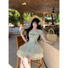 批发Blovelan青柠冰椰 小清新蕾丝泡泡袖<b class='q'>提花</b>收腰少女公主蓬蓬<b class='q'>连衣裙</b>