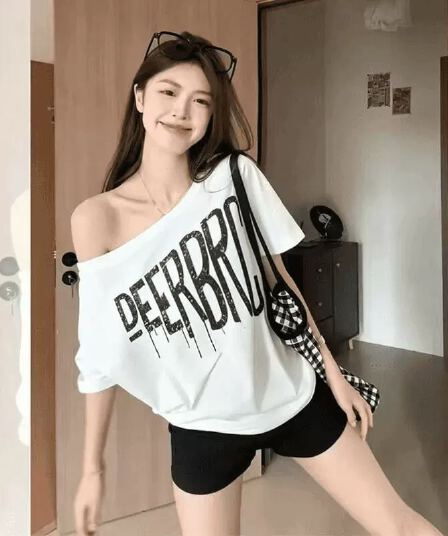 경관 그림 40 순면 220 그램 92 면 8 암모니아 Lun 비스듬한 칼라 오프숄더 오프숄더 반팔 티셔츠 여성 프린트