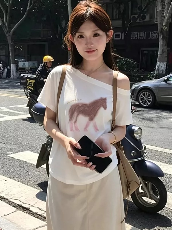 경관 그림 40 순면 220 그램 92 면 8 암모니아 Lun 비스듬한 칼라 오프숄더 오프숄더 반팔 티셔츠 여성 프린트