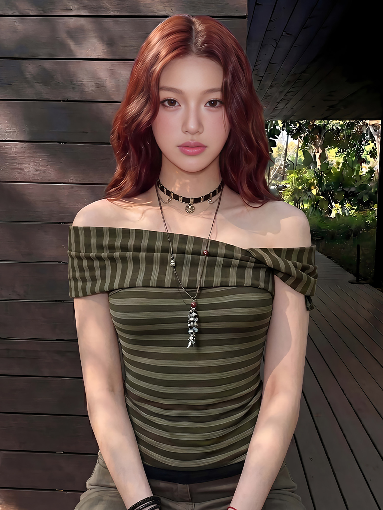 원본 원단 스트라이프 오프숄더 반팔 티셔츠 여성 여름 몸매 가꾸기 슬림해 보이는 오프숄더 맨위 레트로 핫걸 작은 셔츠