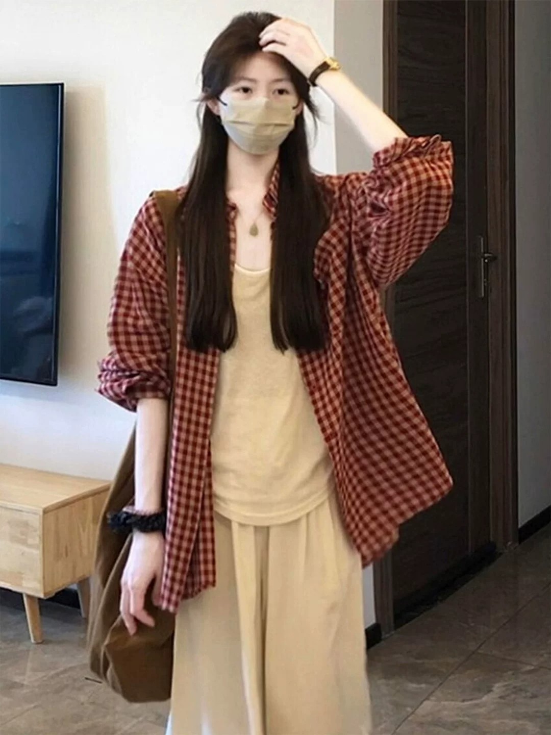 빨간색 체크무늬 외부 가져 가라. 자외선 차단 루즈핏 긴팔 셔츠 셔츠 여성 2026 새로운 프랑스식 사소한 맨위