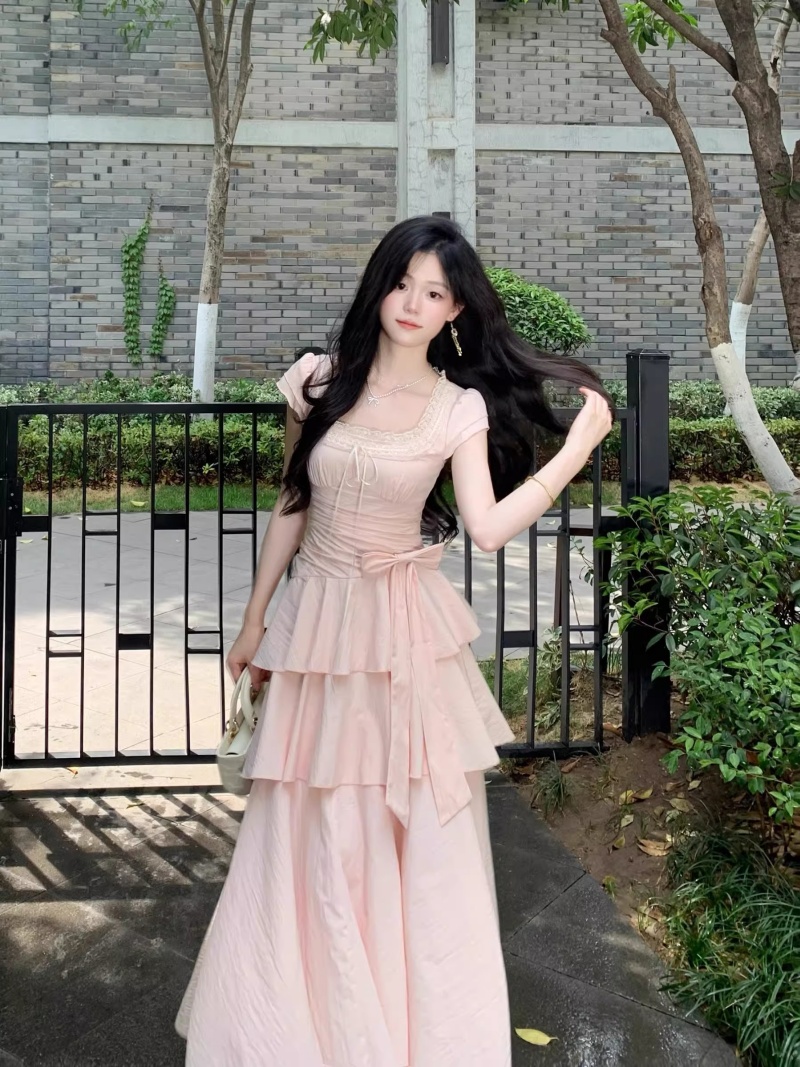 프랑스식 광장 칼라 계층의 감각 공주 케이크 드레스 품격 허리 수축 핀치 Pleat 드레스
