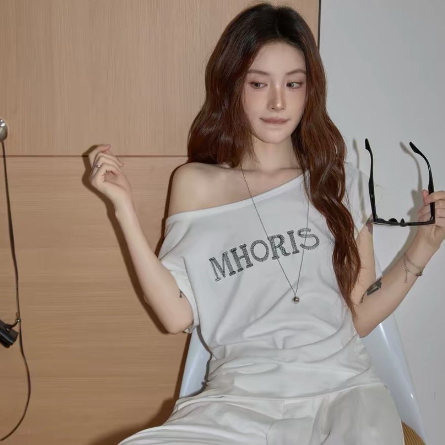 220 그램 92 면 8 암모니아 Lun 아메리칸 핫걸 비스듬한 어깨 알파벳 프린트 반팔 티셔츠 여성