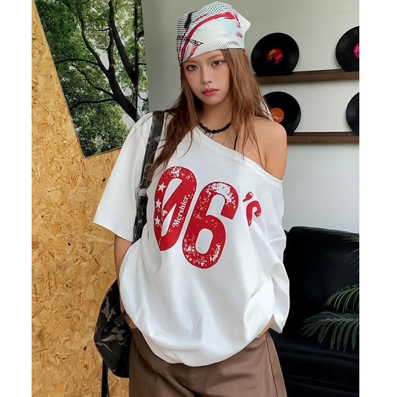 220 그램 92 면 8 암모니아 Lun 아메리칸 핫걸 비스듬한 어깨 알파벳 프린트 반팔 티셔츠 여성