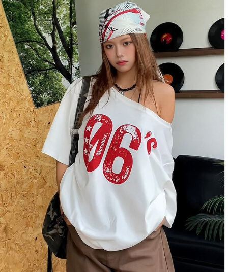 220 그램 92 면 8 암모니아 Lun 아메리칸 핫걸 비스듬한 어깨 알파벳 프린트 반팔 티셔츠 여성