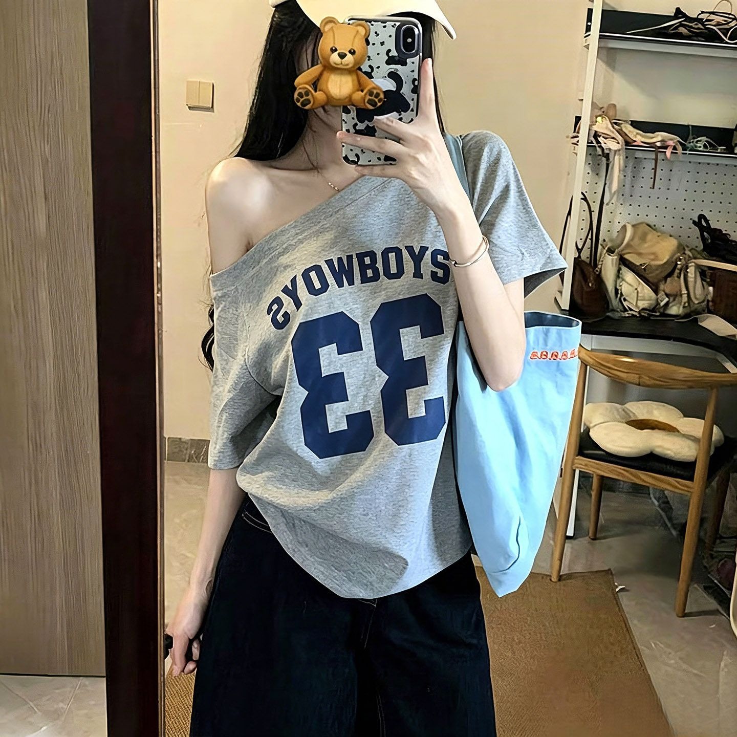 220 그램 92 면 8 암모니아 Lun 아메리칸 핫걸 비스듬한 어깨 알파벳 프린트 반팔 티셔츠 여성