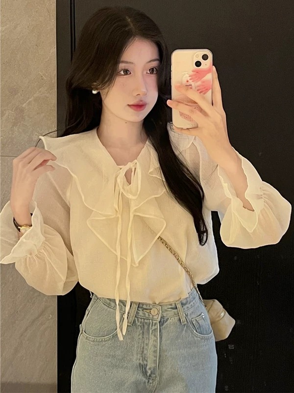 프랑스식 프릴 V넥 쉬폰 여성 셔츠 작은 대중 디자인 센스 2026 봄 여름 새로운 거품 소매 Chic 맨위