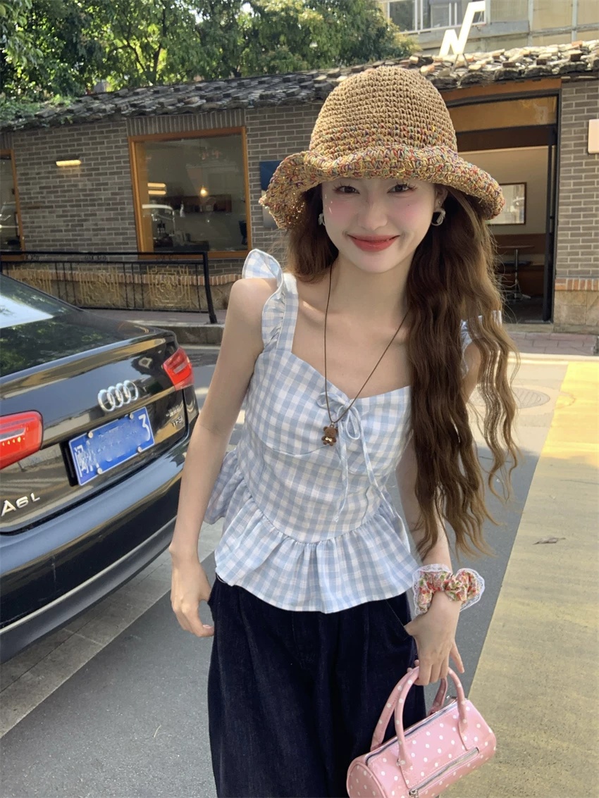 kumikumi 달콤한 스타일 파란색 체크무늬 작은 날다 소매 조끼 여성 의류 여름 Chic 연령 감소 슬림해 보이는 새로운 맨위