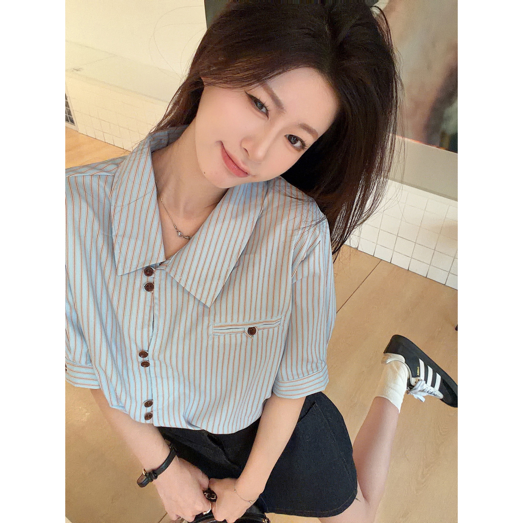 실사 품격 스트라이프 비스듬한 襟 칼라 반팔 디자인 센스 셔츠 여성 의류 2026 여름 새로운 Chic 캐주얼 맨위