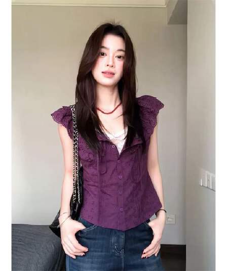 프랑스식 레트로 보라색 반팔 여성 셔츠 초기 여름 착용 가져 가라. 프릴 셔츠 몸매 가꾸기 디스플레이 얇고 작은 날다 소매 맨위