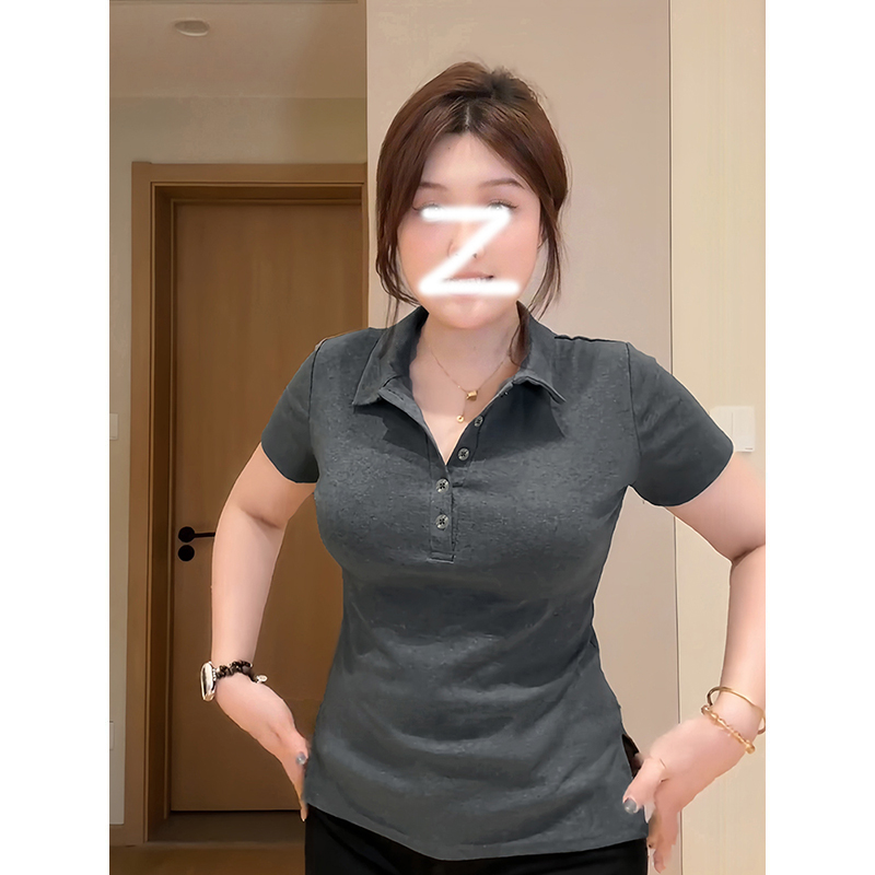 경관 그림 40 1 1 순면 빅 사이즈 마이크로 지방 mm 순수한 욕망 POLO 칼라 반팔 티셔츠 여성 여름 맨위 긍정적 인 어깨
