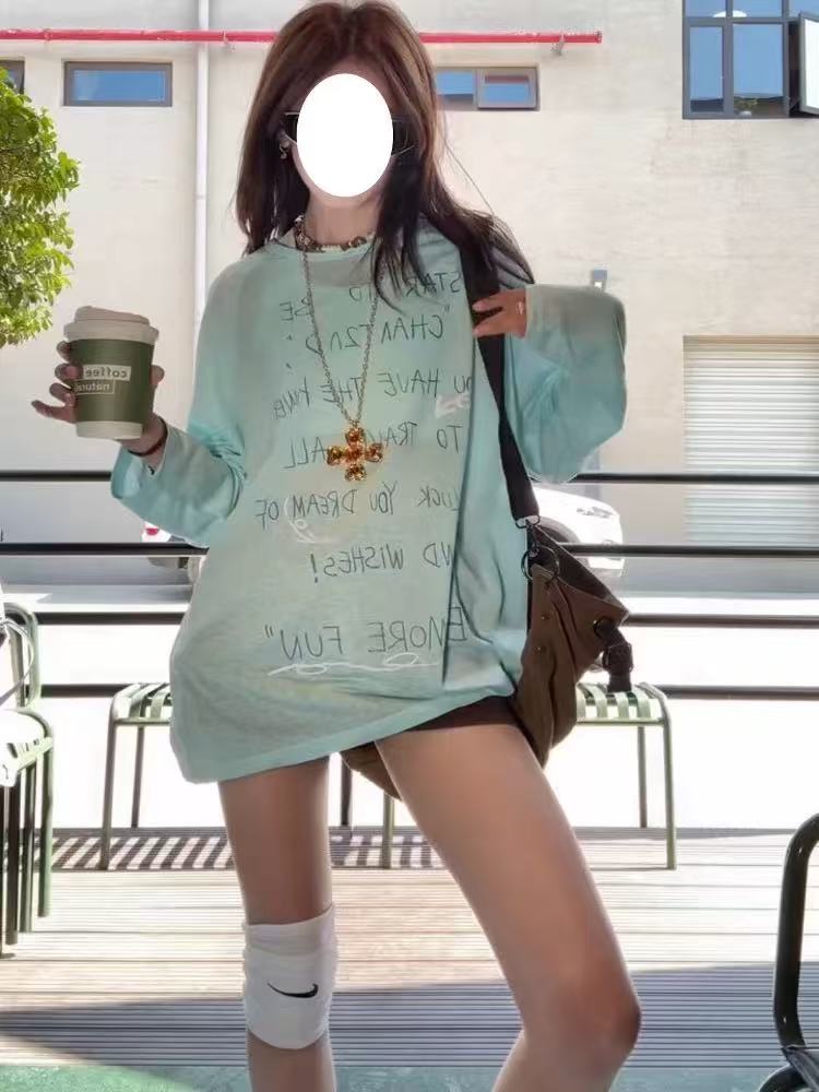 여름 도파민 박하 녹색 긴팔 티셔츠 여성 루즈핏 외출용 느긋한 얇은 스타일 마이크로 ~을 통해 자외선 차단 블라우스 맨위