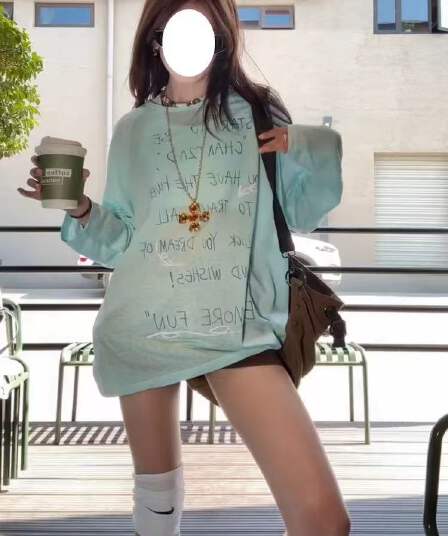 여름 도파민 박하 녹색 긴팔 티셔츠 여성 루즈핏 외출용 느긋한 얇은 스타일 마이크로 ~을 통해 자외선 차단 블라우스 맨위