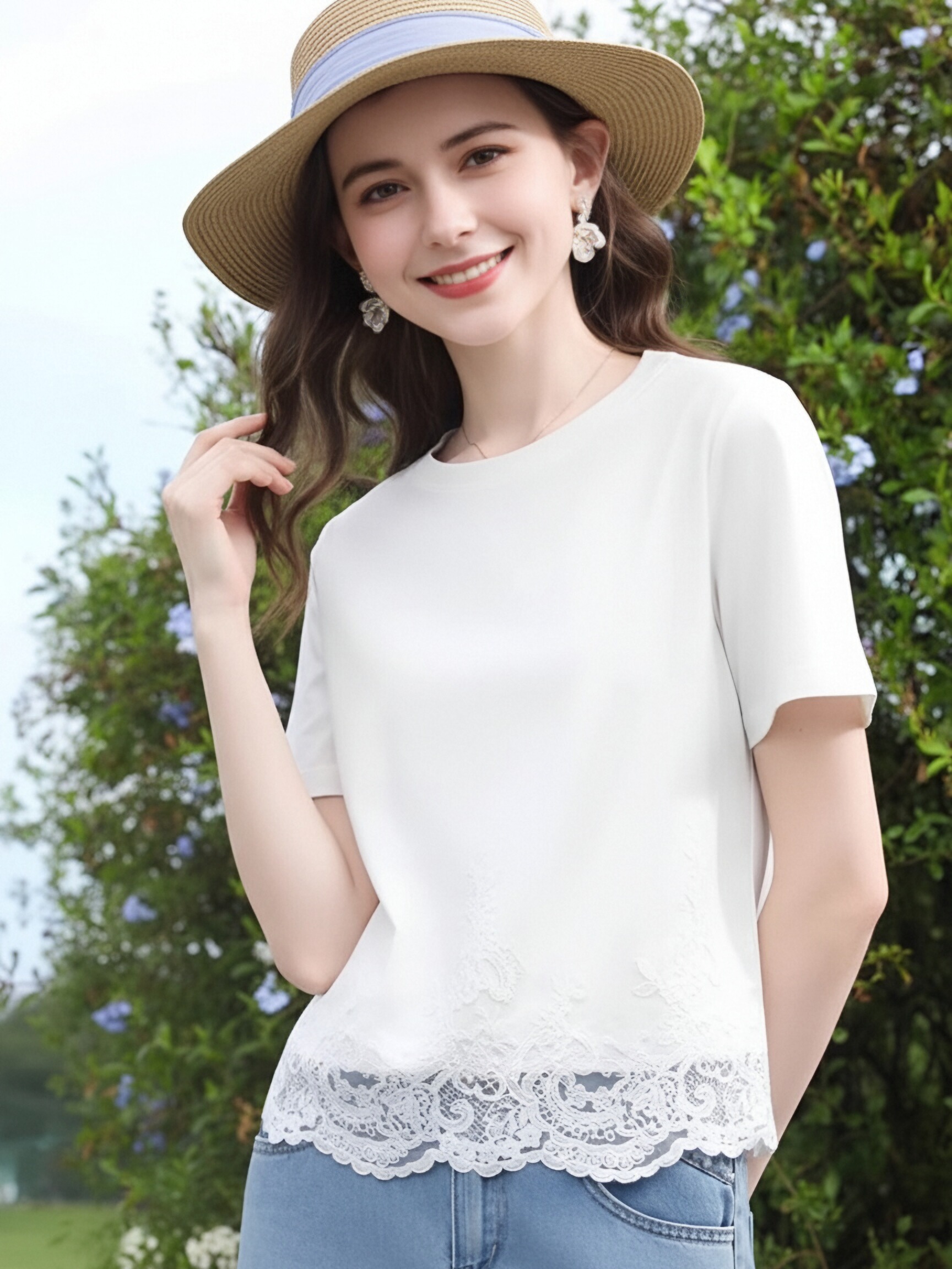 프랑스식 부드러운 바람 화이트 순면 반팔 티셔츠 여성 셔츠 홀로우 아웃 레이스 자수 캐주얼 다용도 품격 작은 셔츠