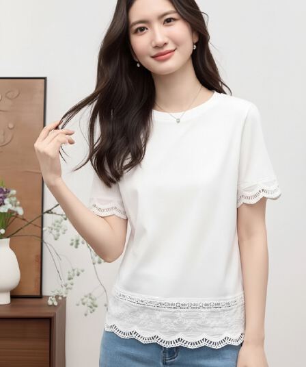 화이트 홀로우 아웃 레이스 조각 반팔 티셔츠 여성 여름 새로운 디자인 센스 부드러운 바람 품격 다용도 슬림해 보이는 맨위