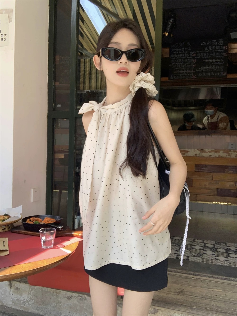 프랑스식 품격 디자인 센스 나비 매듭 행침 목 캐미솔 여성 의류 여름 루즈핏 캐주얼 Chic 도트 무늬 맨위