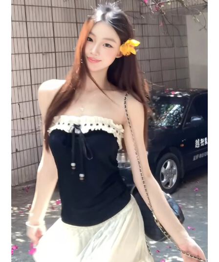 사람들 면 260 그램 나비 매듭 프릴 튜브탑 조끼 여성 여름 레이스업 몸매 가꾸기 슬림해 보이는 맨위