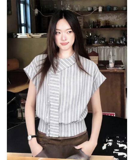 원본 레이스 자카드 원단 자이언트 잘 생긴 ~ 중 격자 무늬 셔츠 여름 리본 셔츠 작은 날다 소매 맨위