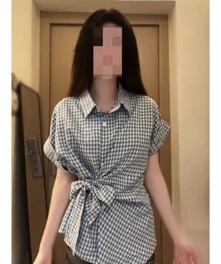 체크무늬 나비 매듭 스트랩 POLO 칼라 반팔 여성 셔츠 여름 작은 키 몸매 가꾸기 고급 캐주얼 맨위