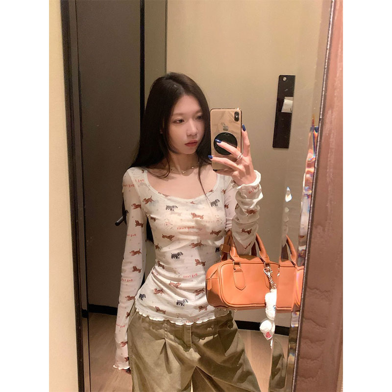 충동 섹션 달콤한 핫걸 재미있는 강아지 프린트 긴팔 티셔츠 여성 가을 Chic 이슬 기본 셔츠 맨위