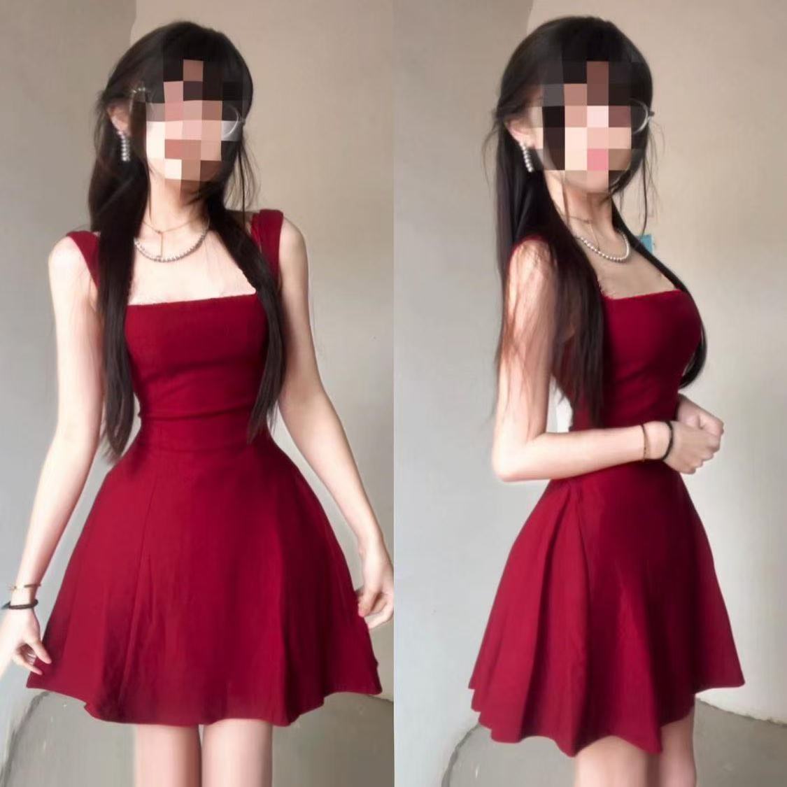 프랑스식 부드러운 빨간색 슬립 드레스 여름 새로운 달콤함 작은 키 품격 허리 수축 슬림해 보이는 멜빵 미니 스커트